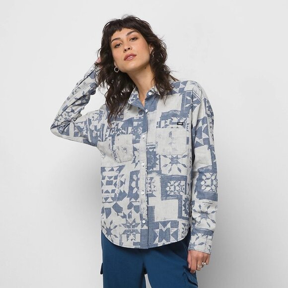 NWT Vans HOMESPUN LONG SLEEVE WOVEN TOP in Ashley Blue Size XS - Picture 1 of 9